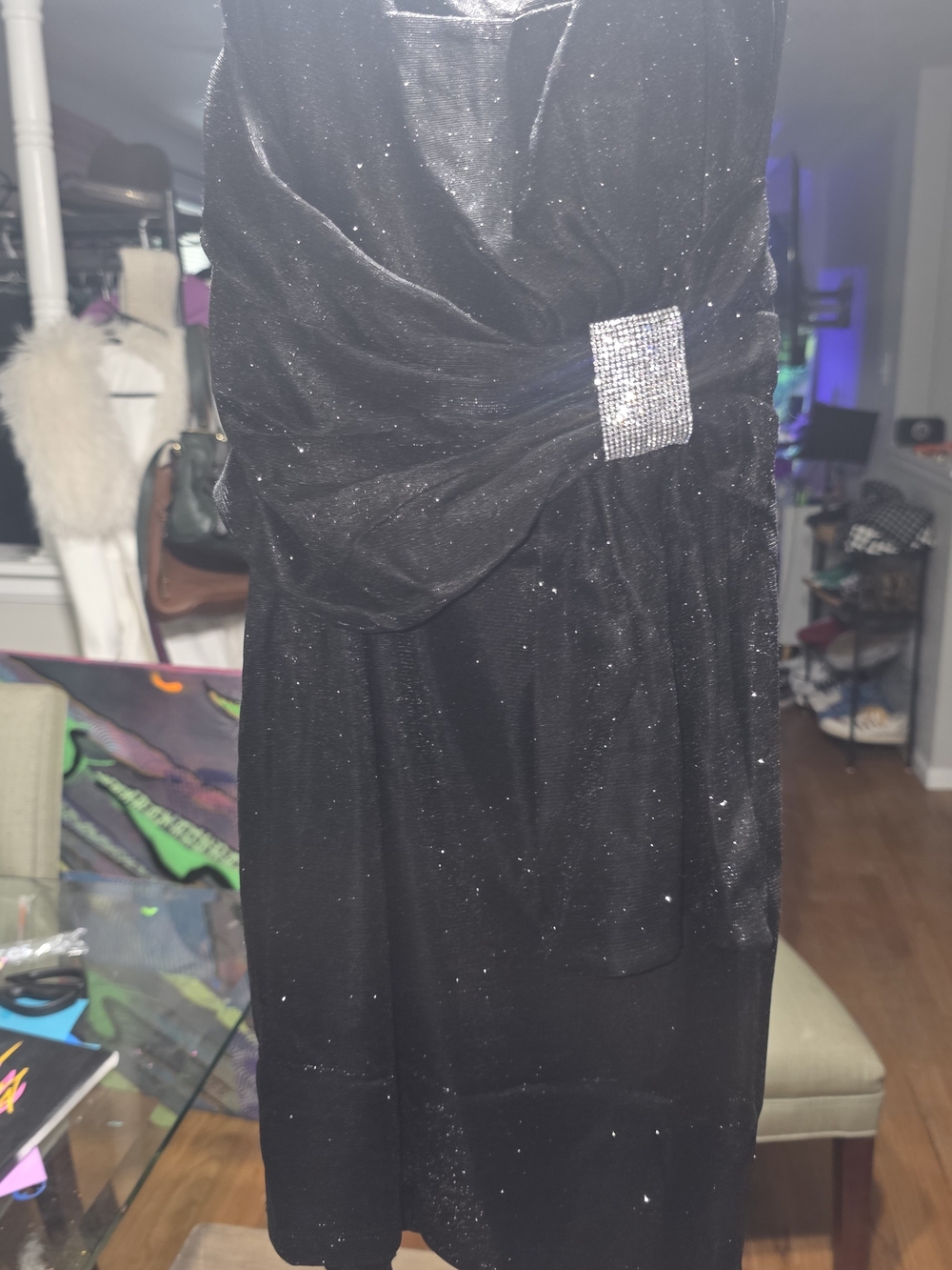 Black Sparkle Cocktail Dress with Rhinestone Accent